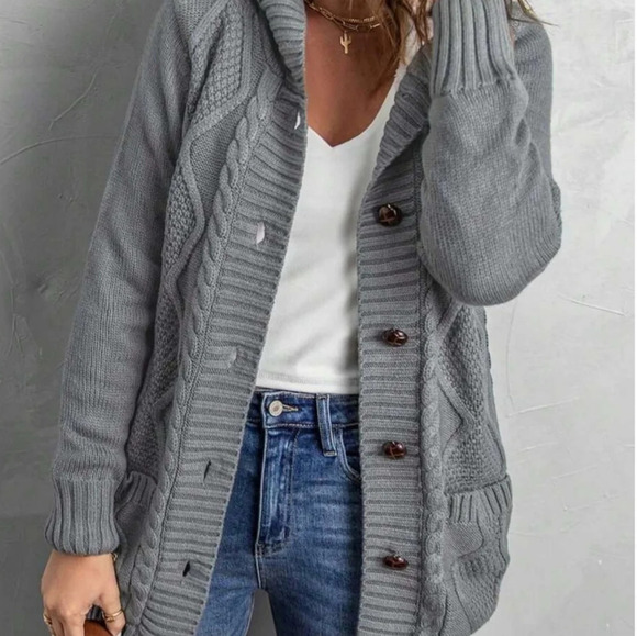 Cozy Teddy Lined Cable knit Hoodie Cardigan Jacket Shacket - Picture 1 of 4